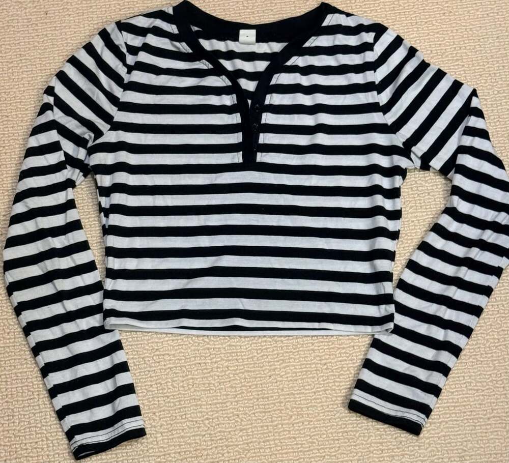Unbranded Black and White Striped Long Sleeve Henley Top